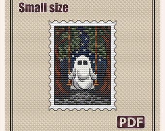 Small cross stitch pattern: Ghost halloween, Fall Pumpkin, Cozy Small Stamp, Autumn, Needlepoint card, Beginner diy, Pattern PDF, S-161