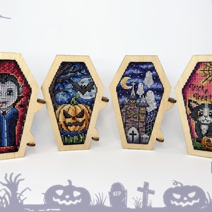 Cross stitch KIT: Halloween Coffins, Pumpkin, Dracula, Fall, Leaves, House, Cat, Ghost, Bat, Blank, Small, Pattern, Cards, Craft, Autumn