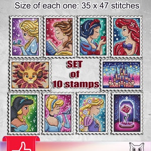 Princess cross stitch, Small cross stitch pattern, Fairy cross stitch, Stamp, Elsa, Belle, Snow White, Ariel