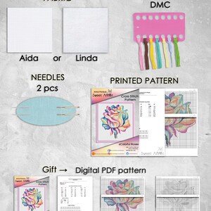 Cross stitch KIT: Rose, Flowers, Summer, Plant, Rainbow, Mandala, Beginner, Modern, DIY, Needlepoint, Embroidery, Geometric, Gift for mom image 8