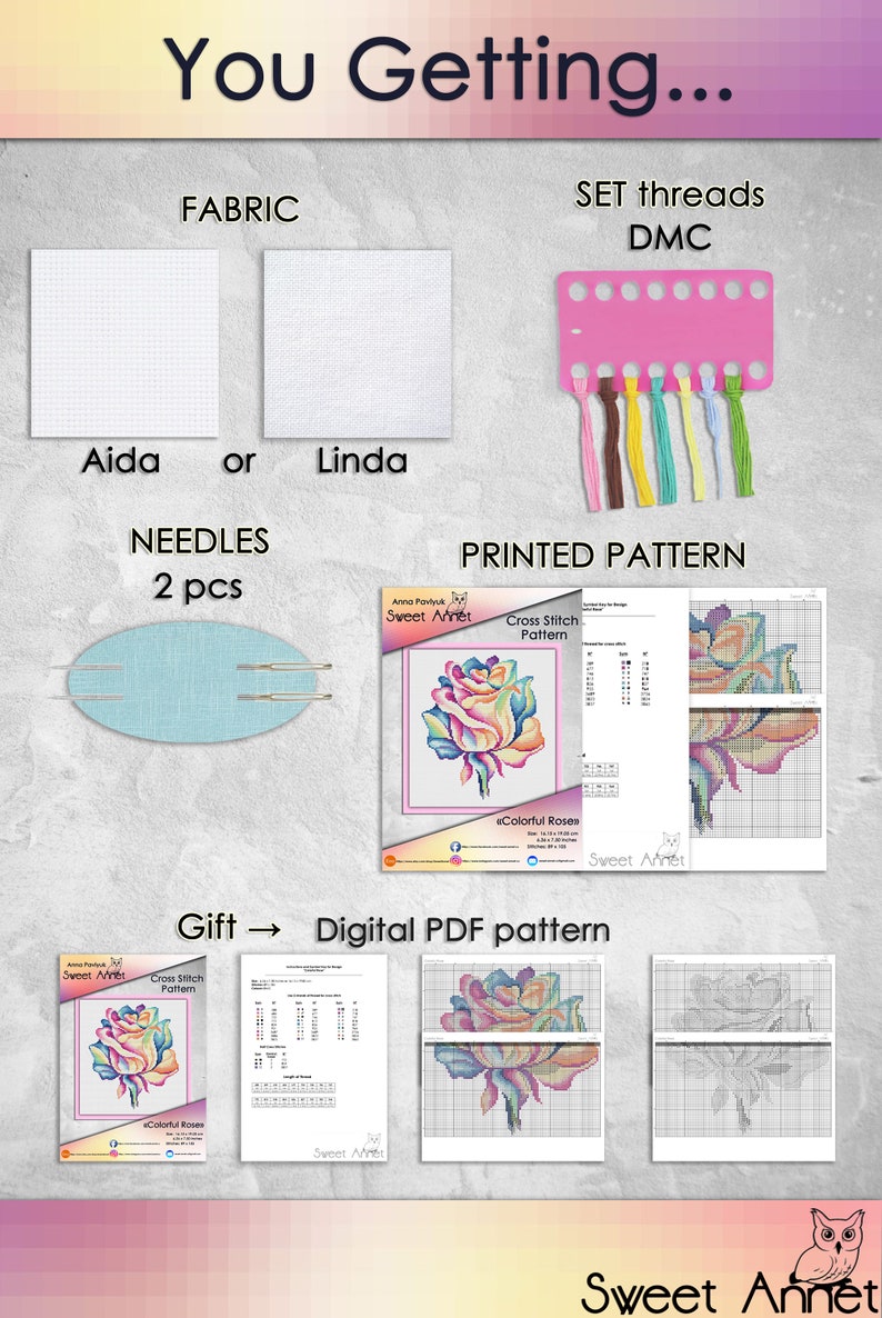 Cross stitch KIT: Rose, Flowers, Summer, Plant, Rainbow, Mandala, Beginner, Modern, DIY, Needlepoint, Embroidery, Geometric, Gift for mom image 8