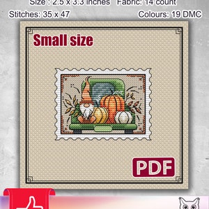 Small cross stitch pattern: Gnome, Fairy, Pdf, Funny, Plastic canvas patterns, Autumn, Fall, Pumpkin, Stamp, Leaves, Gift for friend, S-114