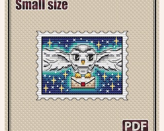 May include: A cross stitch pattern titled Magic Owl Stamp featuring a white owl with spread wings holding an envelope against a blue and teal starry background. The design includes the text Small size and PDF. Dimensions are 2.5 x 3.3 inches.
