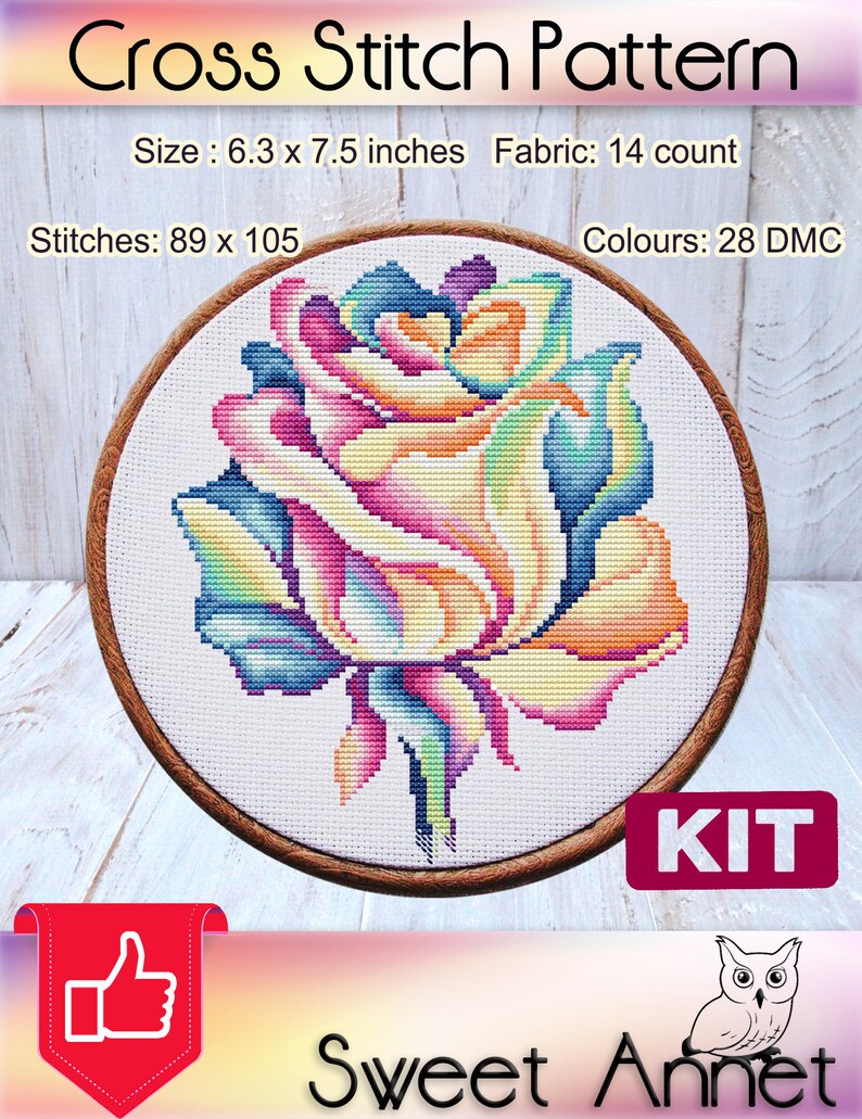 Cross stitch KIT: Rose, Flowers, Summer, Plant, Rainbow, Mandala, Beginner, Modern, DIY, Needlepoint, Embroidery, Geometric, Gift for mom image 4