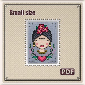 Small cross stitch pattern: Mini stamp with Frida pattern PDF, Flowers needlepoint design, Chart modern PDF, Design plastic canvas, S-008