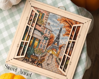 Cross stitch KIT: Paris window, Autumn cozy street, Pumpkin coffee, Fall town, nature and leaves, Travel card, Gift DIY, Stitch pattern