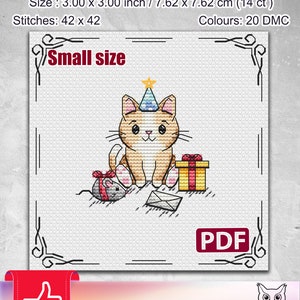 Funny cross stitch pattern: Cat, Happy Birthday, Kitten, Small size, Animals, Mini, Gift for friend, Needlepoint design, PDF, Cute Kitty