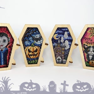 Kreuzstichset: Halloween-Särge, Kürbis, Dracula, Herbst, Blätter, Haus, Katze, Geist, Fledermaus, blanko, klein, Muster, Karten, Basteln, Herbst
