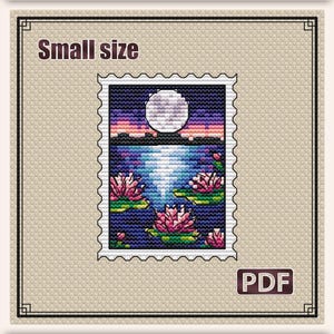 May include: Cross stitch pattern featuring a stamp design with a moonlit lily pond scene. The image includes the text "Small size" and "PDF". The design measures 2.5 x 3.3 inches and has 24 colors.