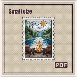 Petit modèle de point de croix : Tampon Feu de camp au bord du lac, Mini modèle PDF, Motif nature, Cartes cadeaux d'été, Voyage, Paysage, S-146