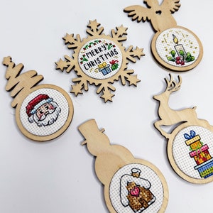 Cross stitch KIT: Christmas mini hoops, Small wooden blank, Balls, Baubles, Gift, Santa, Snowman, Tree, Blank, Pattern, Cards, DIY, Winter Hoops SET 2 + PDF