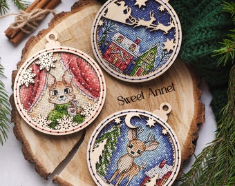 Cross stitch KIT: Christmas balls, Baubles, Gift, Christmas stocking, Santa, Snowman, Tree, Bear, Blank, Small, Pattern, Cards, DIY, Winter