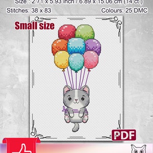 Divertente schema punto croce: Gatto, Buon Compleanno, Gattino, Taglia piccola, Animali, Mini, Regalo per un amico, Ricamo, PDF, Arcobaleno