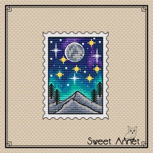 Small cross stitch pattern: Stamp, Moon, Star, Mountain, Northern lights, Simple, PDF, Landscape, Modern, Space, Mini, Nature, Camping,S-017 image 2