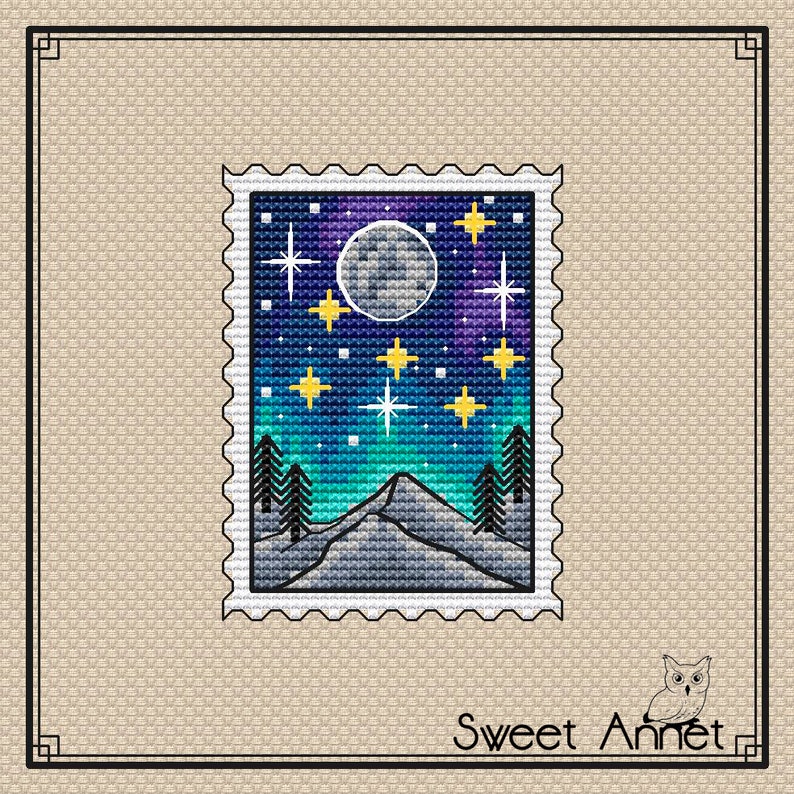 May include: A blue and purple night sky with a full moon and stars. The sky is over a snowy mountain range with trees. The image is in a vintage postage stamp frame.