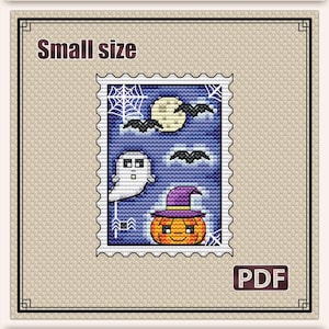 Klein kruissteekpatroon: Halloween mini stempelpatroon, Herfst kruissteekpatroon PDF, Pompoen spookvleermuis enge cadeaubon, S-009