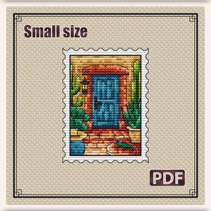 May include: Cross stitch pattern featuring a colorful design of a blue door, cacti, and brickwork. The text "CROSS STITCH PATTERN" and "Garden on the Doorstep" are visible. The pattern size is 2.5 x 3.3 inches (6.3 x 8.5 cm).