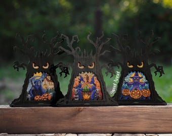 クロスステッチキット：ハロウィンツリー、カボチャ、秋のデザイン、無地の木製、小型、ミステリーパターン、家、猫、幽霊、コウモリ、カード、DIY、秋