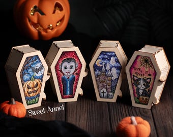 クロスステッチキット：ハロウィンの棺、カボチャ、ドラキュラ、秋、葉、家、猫、幽霊、コウモリ、ブランク、小さい、パターン、カード、クラフト、秋
