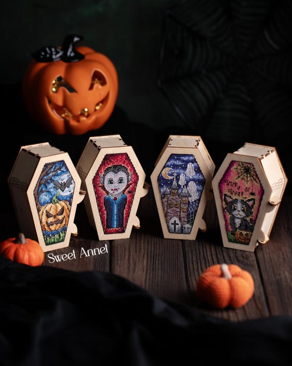 Cross stitch KIT: Halloween Coffins, Pumpkin, Dracula, Fall, Leaves, House, Cat, Ghost, Bat, Blank, Small, Pattern, Cards, Craft, Autumn