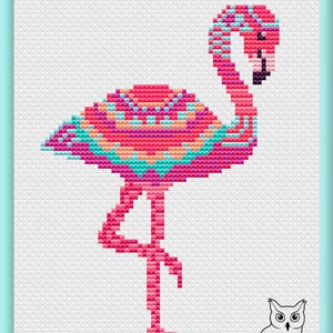 May include: A cross-stitch flamingo in pink, teal, and orange. The bird is depicted standing on one leg. The image includes the text "Sweet Annet" at the bottom, accompanied by a small owl illustration.