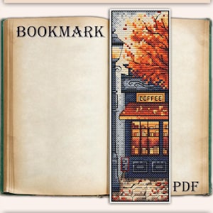 Korsstygnsmönster: Bokmärke, Mysigt kaffe, Höst, Månnatt, Modernt mönster PDF, Litet tomt, Räknat presentbokmärkesdesign, Digitalt