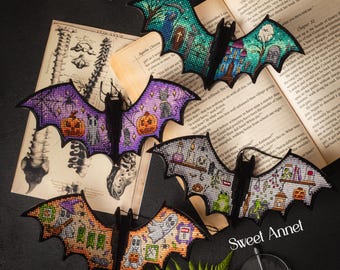 Cross stitch KIT: Halloween Bats, Pumpkins cross stitch kit, Fall design, Blank wooden, Small Mystery Pattern, House, Cat, Ghost, Cards, DIY