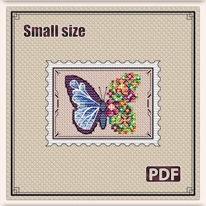 Petit modèle de point de croix : Tampon Papillon et fleurs, Mini modèle PDF, Motif insectes, Cartes cadeaux été printemps, Toile plastique, S-003