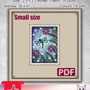 Small cross stitch pattern: Dragonfly, Flowers, Summer, Stamp, Night, Plant, Spring, Mini, Plastic canvas, Fairy, Pdf, Stars, Insect, S-059