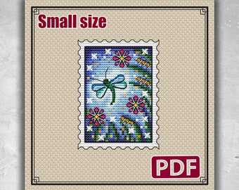 Small cross stitch pattern: Dragonfly, Flowers, Summer, Stamp, Night, Plant, Spring, Mini, Plastic canvas, Fairy, Pdf, Stars, Insect, S-059