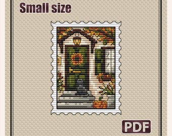 Small cross stitch pattern: Fall Cat, Halloween Leaves, Cozy Small Stamp, Pumpkin, Needlepoint card, Beginner diy, Pattern PDF, S-154