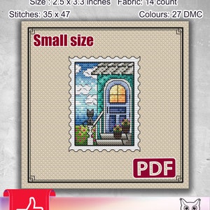 Small cross stitch pattern: Stamp, Cat, , Summer, Animals, Cute, PDF, Landscape, Flowers, Kitten, Mini, Nature, Modern, Needlepoint,S-105