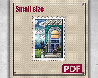 Small cross stitch pattern: Stamp, Cat, , Summer, Animals, Cute, PDF, Landscape, Flowers, Kitten, Mini, Nature, Modern, Needlepoint,S-105