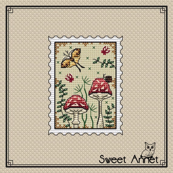 キノコっコ　ページ 小さなクロスステッチ パターン: キノコ、赤虫、カード、タグ、PDF
