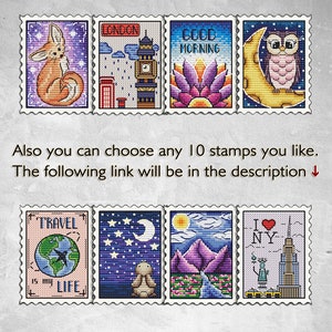 May include: Ten colorful cross-stitch designs featuring various themes, including a fox, London, good morning, an owl, travel, a bunny, mountains, and New York City. Each design is framed with a decorative border.