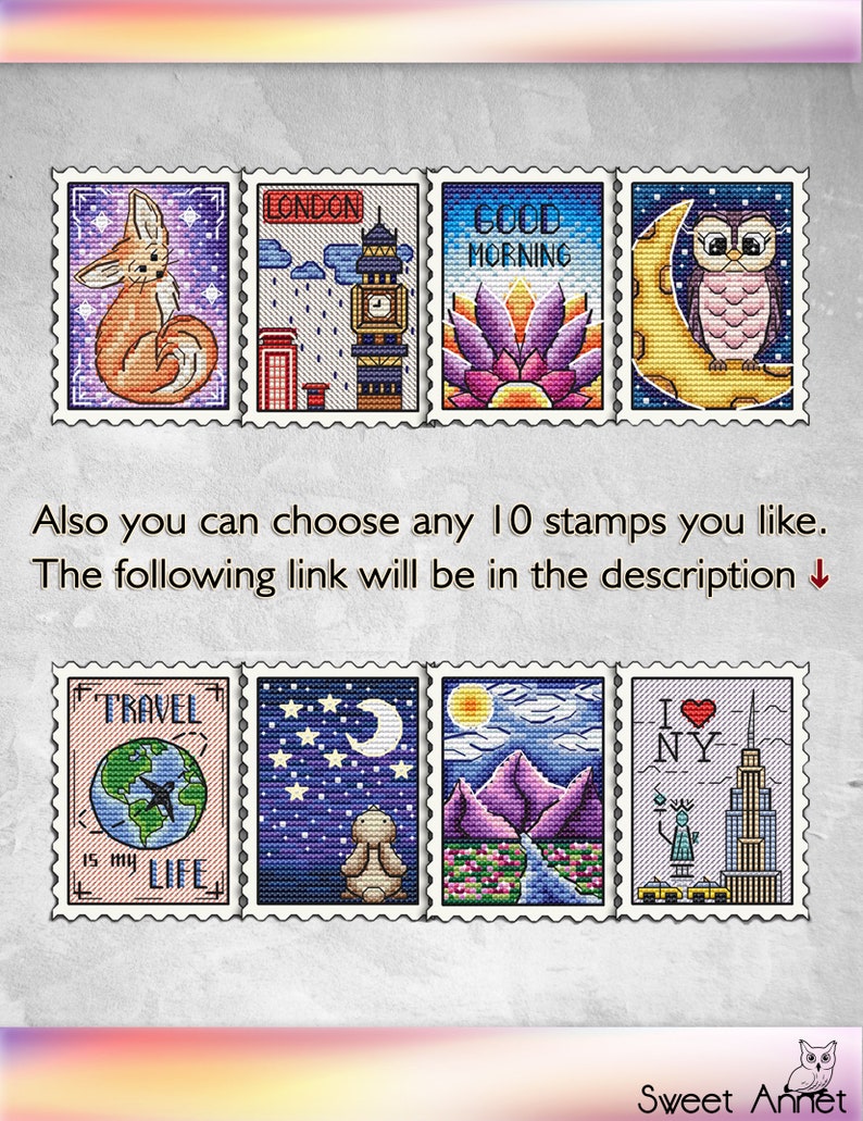 May include: Ten colorful cross-stitch designs featuring various themes, including a fox, London, good morning, an owl, travel, a bunny, mountains, and New York City. Each design is framed with a decorative border.