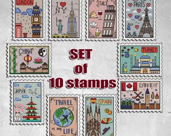 May include: A set of 10 cross stitch patterns featuring iconic landmarks from around the world. Each pattern is 35 x 47 stitches and includes cities like London, New York, Paris, Tokyo, and more.