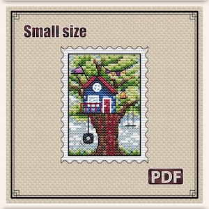 May include: Cross stitch pattern for a tree house with a red roof, blue walls, and a ladder. The pattern is labeled "Small size" and "PDF". The pattern is 2.5 x 3.3 inches (6.3 x 8.5 cm) and uses 21 DMC colors.