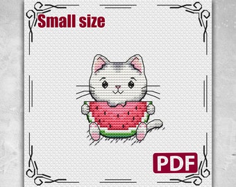 Cat cross stitch, Small cross stitch pattern, Cute cat cross stitch, Funny cross stitch pattern, Rainbow cross stitch, With watermelon