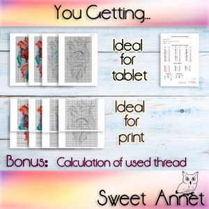 May include: A cross stitch pattern featuring a colorful owl with a detailed design. The pattern is available in both printable and tablet-friendly formats. The image also includes a bonus calculation of used thread.