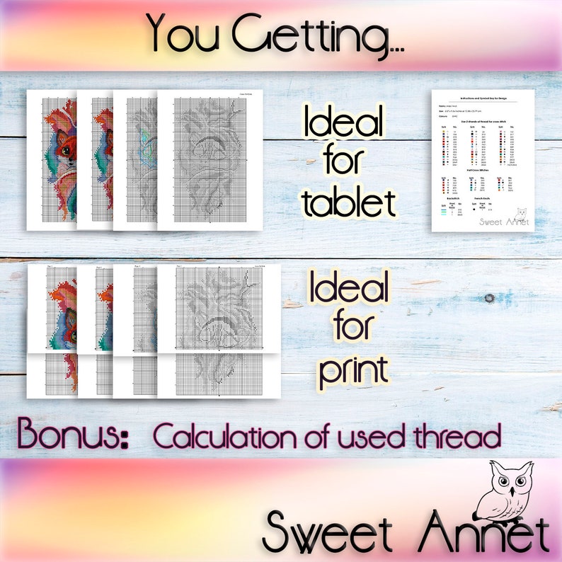 May include: A cross stitch pattern featuring a colorful owl with a detailed design. The pattern is available in both printable and tablet-friendly formats. The image also includes a bonus calculation of used thread.