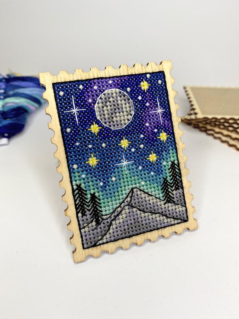Small cross stitch pattern: Stamp, Moon, Star, Mountain, Northern lights, Simple, PDF, Landscape, Modern, Space, Mini, Nature, Camping,S-017 image 3