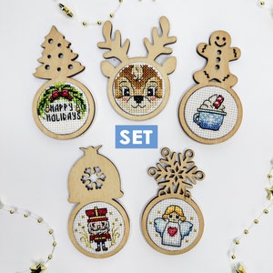 Cross stitch KIT: Christmas mini hoops, Small wooden blank, Balls, Baubles, Gift, Santa, Snowman, Tree, Blank, Pattern, Cards, DIY, Winter image 1