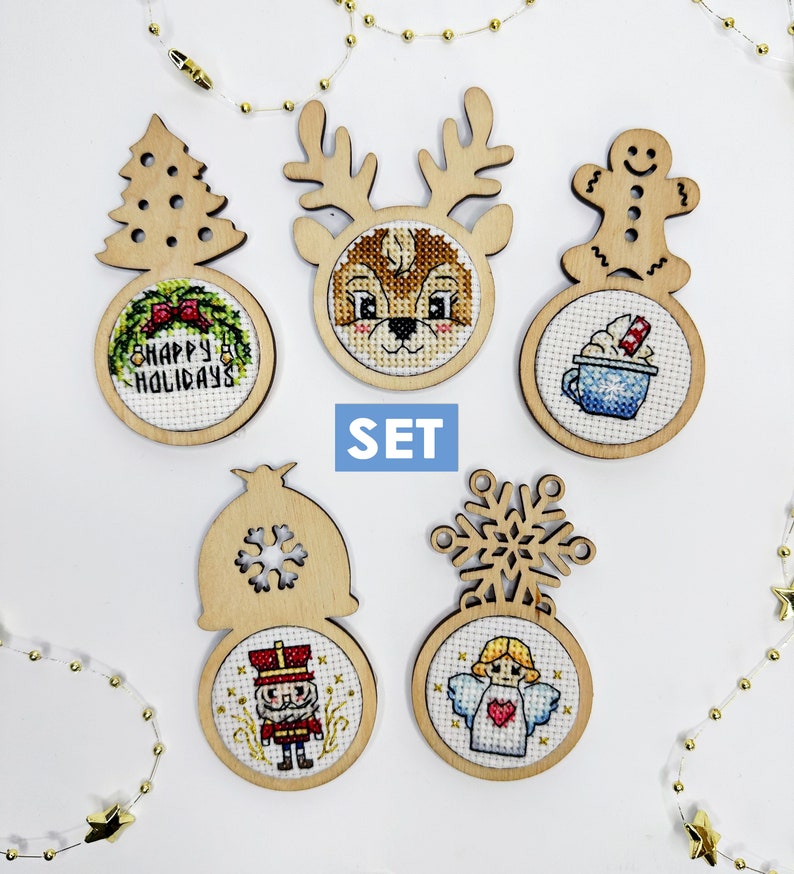 Cross stitch KIT: Christmas mini hoops, Small wooden blank, Balls, Baubles, Gift, Santa, Snowman, Tree, Blank, Pattern, Cards, DIY, Winter image 1