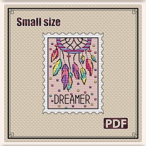 Klein kruissteekpatroon: Mini stempel dromenvanger, Veer Mandala Kruissteek PDF, Beginner DIY Cadeaukaart op Plastic Canvas, S-005