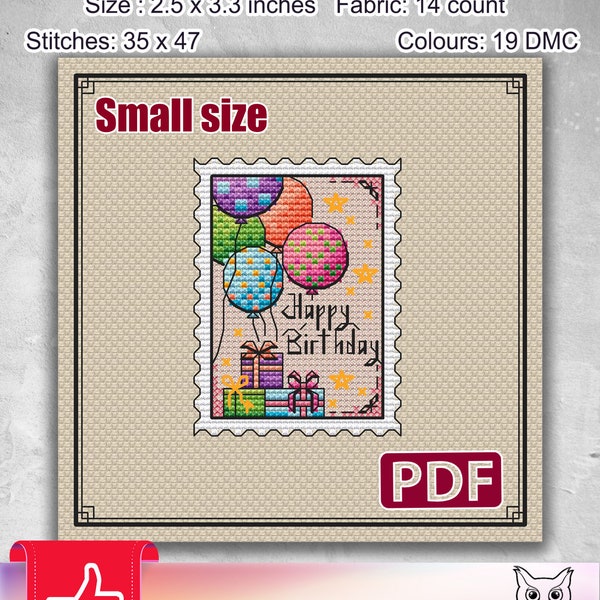 Small cross stitch pattern: Happy Birthday, Cake, Stamp, Mini, Summer, Blanks, Plastic canvas, Pdf, Gift, Party, Friend, Cards, DIY, S-099