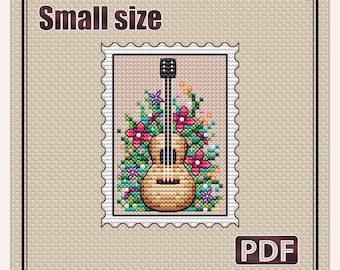 Guitar cross stitch, Plant cross stitch pattern, Summer cross stitch, Cross stitch pattern, Small cross stitch pattern, Stamp, Flowers,S-064