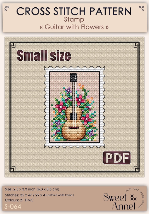 Guitar cross stitch, Plant cross stitch pattern, Summer cross stitch, Cross stitch pattern, Small cross stitch pattern, Stamp, Flowers, PDF