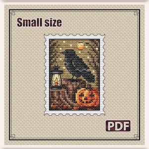 May include: A cross stitch pattern titled Midnight Raven featuring a small stamp-shaped design of a black raven perched on a stump next to a lantern and a jack-o'-lantern. The pattern includes text, a PDF label, and dimensions of 6.3 x 8.5 cm.