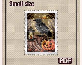 Small cross stitch pattern: Fall Crow, Halloween Leaves, Cozy Small Stamp, Pumpkin, Needlepoint card, Beginner diy, Pattern PDF, S-153